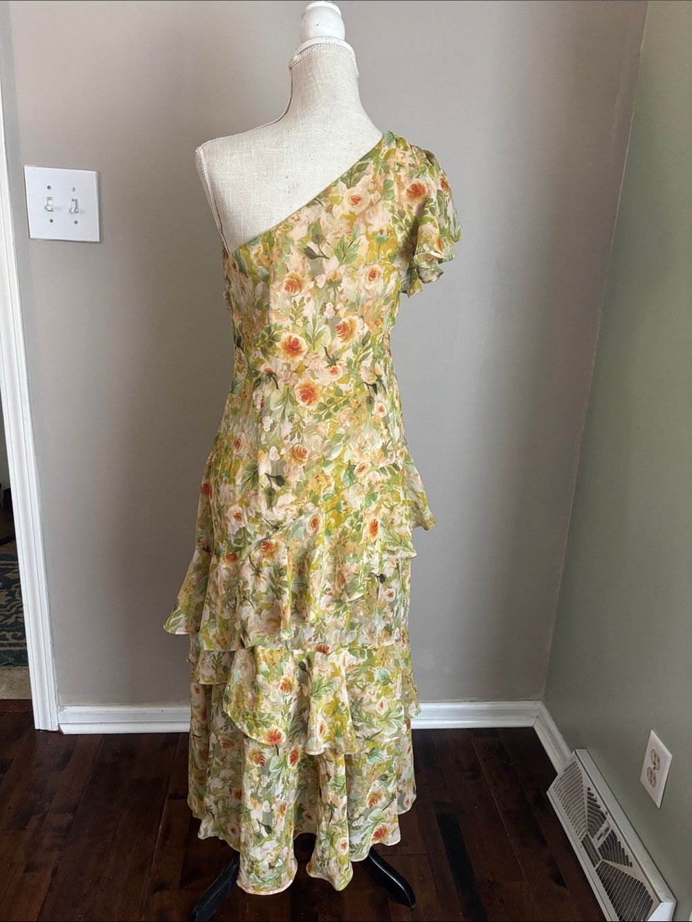 Astr One-Shoulder Floral Ruffle Maxi Dress in Green and Peach - Picture 3 of 5